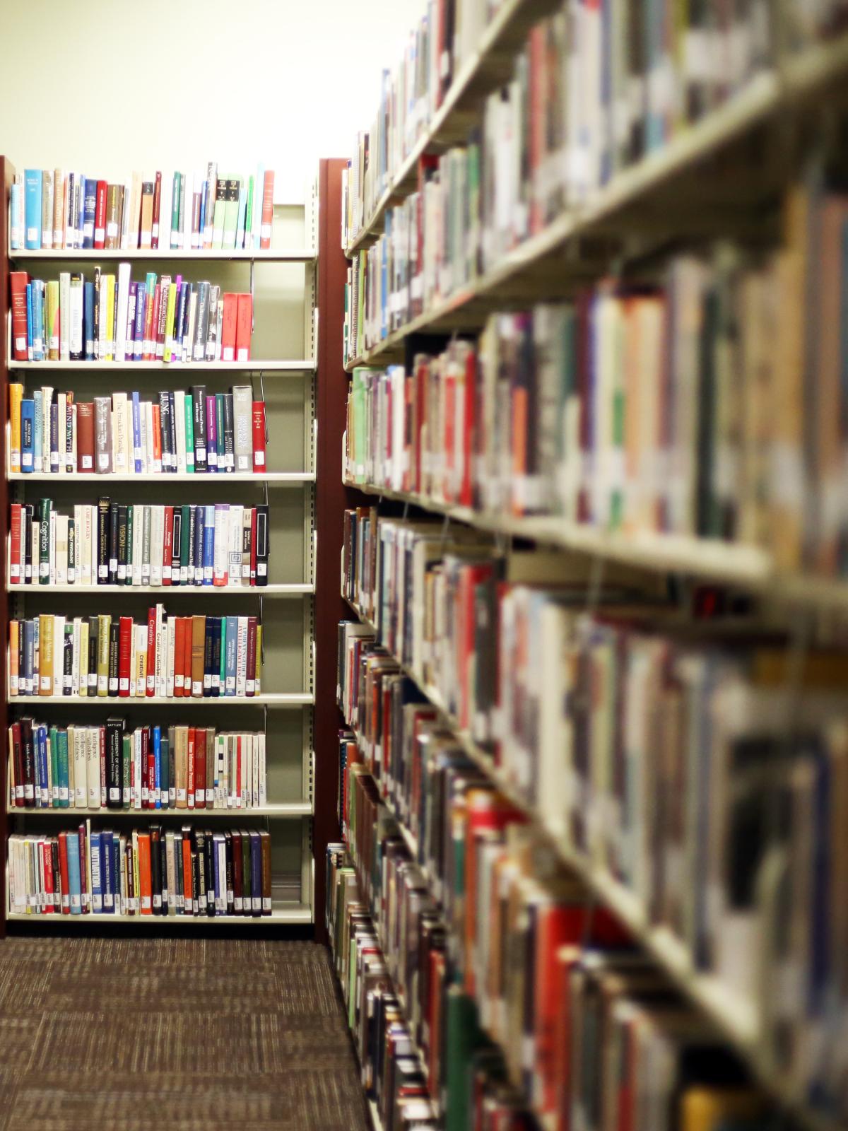 MSU Meridian Library book shelves filled with books